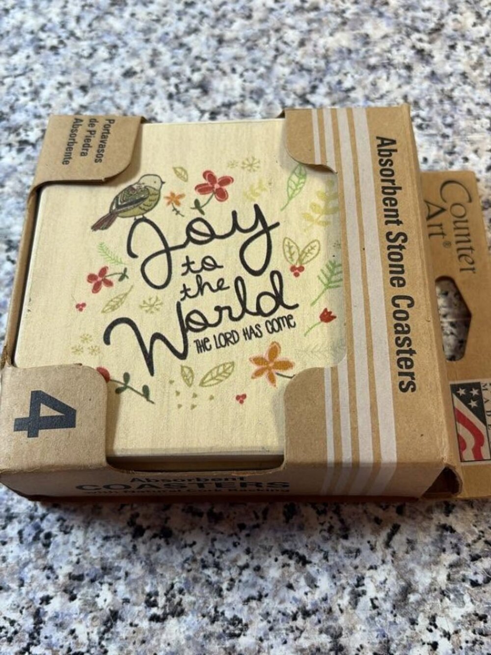 NWB CounterArt Joy To The World Design Set of Four Absorbent Stone Coasters